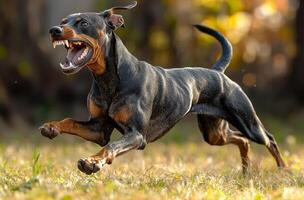 A dog is running with its mouth open, showing its teeth. The dog appears to be in a playful mood, as it is running and he is enjoying itself photo
