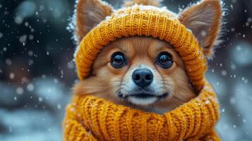 A small dog is wearing a yellow hat and a scarf. The dog has a happy expression on its face photo