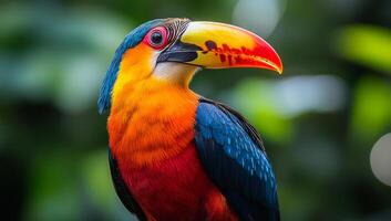 A colorful bird with a red beak and blue and yellow feathers. The bird is standing in front of green leaves photo