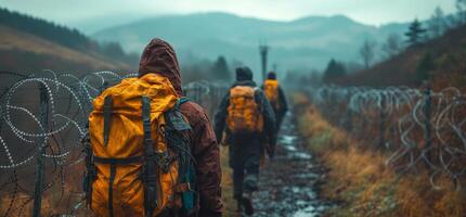 A group of people are walking down a path with a yellow backpack on one of them. Scene is somewhat somber, as the group appears to be walking through a desolate area photo