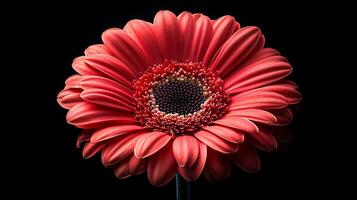 A close up of a red flower with a black background. The flower is the main focus of the image and it is the most important element. The black background creates a sense of contrast photo
