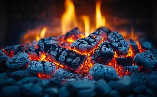 Burning charcoal and glowing embers in a fireplace. Charcoal lays in a fireplace, glowing with bright orange embers, illuminating the cozy warmth of the fire. photo