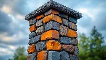 A brick pillar with a red brick on top. The pillar is surrounded by trees and has a cloudy sky in the background photo