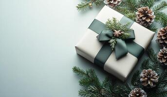 A white box with a green ribbon and pine cones on top of it. The pine cones are arranged in a way that they look like they are on a Christmas tree. The box is placed on a table photo