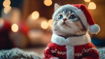 A cat wearing a Santa hat and a red sweater sits on a blanket. The cat's eyes are bright and it looks happy photo