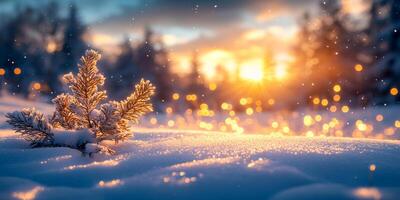 A small pine tree is standing in the snow. The sun is setting in the background, casting a warm glow on the scene. Concept of tranquility and peacefulness, as the tree stands alone in the snow photo