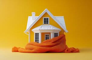 Cozy house wrapped in orange fabric. A small house model is wrapped in orange fabric against a bright yellow backdrop, creating a cozy vibe. photo