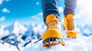 A person wearing yellow boots is walking on snow. The boots are yellow and have a black stripe. The person is walking on a snowy mountain photo