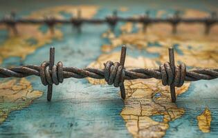 A map of the world is shown with a barbed wire fence surrounding it. Entry and exit into the country is prohibited photo