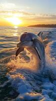 A dolphin jumps out of the water, creating splashes as the sun sets on the horizon, casting a warm glow over the ocean. photo