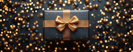 A black box with a gold bow on top of a black background. The box is surrounded by a lot of glitter, giving it a festive and celebratory feel photo