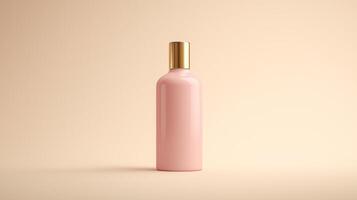 A sleek pink bottle with a gold cap stands elegantly on a soft beige backdrop, showcasing its modern design. photo