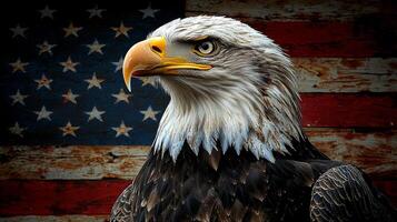 A bald eagle is standing in front of the American flag. The eagle is looking directly at the camera, and the flag is red, white, and blue. Concept of patriotism and pride in the United States photo