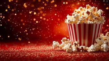 A red and white popcorn bucket is on a red background. The popcorn is scattered around the bucket, creating a festive and fun atmosphere photo