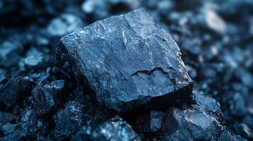 This close-up view shows a piece of shiny black coal resting among smaller coal fragments, highlighting texture. photo