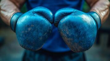 A man is holding two blue boxing gloves. The gloves are dirty and worn, and the man is wearing a blue shirt. Concept of toughness and determination photo