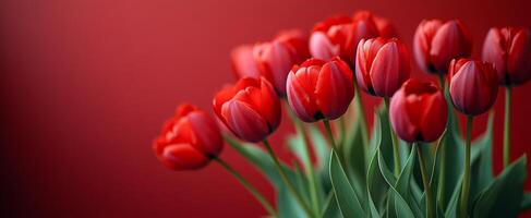 Vibrant red tulips in a elegant arrangement. A bouquet of red tulips shines against a deep red background, highlighting their vibrant color and delicate petals. photo