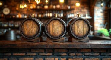 Three barrels of wood sit on a counter in a bar. The barrels are wooden and have a rustic appearance. The bar is filled with various bottles and glasses, giving the impression of a lively photo