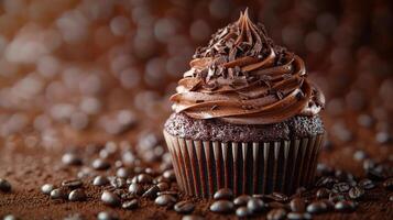 A delicious chocolate cupcake topped with rich, creamy frosting and chocolate shavings, surrounded by coffee beans. photo