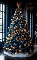 Luxurious room with a stunning tree. A stunning Christmas tree adorned with blue and gold ornaments stands elegantly in an opulent setting during winter. photo