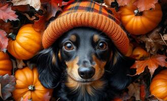 A black and brown dog wearing a red and orange hat is surrounded by pumpkins and leaves. The dog is the main focus of the image, and the pumpkins and leaves create a festive and autumnal atmosphere photo