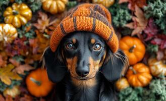 A black and brown dog wearing a red and orange hat is sitting in front of a pile of pumpkins photo