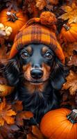 A dog wearing a plaid hat is surrounded by pumpkins and leaves. The dog is the main focus of the image, and the pumpkin and leaf decorations create a festive and autumnal atmosphere photo