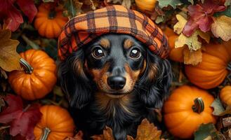 A black and brown dog wearing a plaid hat is surrounded by pumpkins and leaves. The dog is the main focus of the image, and the pumpkins and leaves create a festive and autumnal atmosphere photo