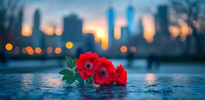 A bouquet of red flowers is placed on a wet surface in front of a city skyline. The flowers are surrounded by water, which gives the scene a serene and calming atmosphere photo