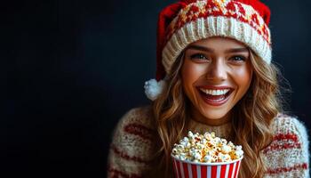 A woman wearing a red and white hat and a red and white sweater is holding a red and white popcorn bucket photo