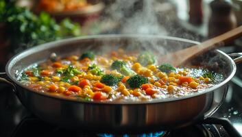 A pot of soup is cooking on a stove. The soup is full of vegetables, including carrots, broccoli, and corn. The steam from the soup is rising, and the pot is on a burner photo