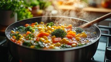A pot of soup is being stirred on a stove. The soup contains vegetables such as broccoli and carrots photo