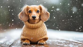 A small dog is wearing a sweater and sitting on a wooden deck. The dog is looking at the camera with a curious expression. The scene is set in a snowy environment, which adds to the cozy photo