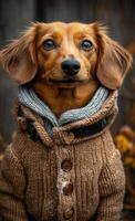 A dog is wearing a brown sweater and looking at the camera. The sweater is made of wool and has buttons on the front. The dog appears to be happy and content in its warm clothing photo