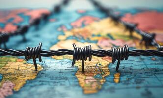 A map of the world is surrounded by barbed wire. The wire is twisted and bent, and it is positioned in such a way that it covers the entire map. Entry and exit into the country is prohibited photo
