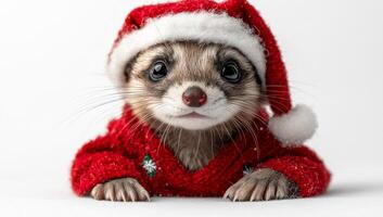 A small animal wearing a red Santa hat and a red sweater. The animal is looking at the camera with a smile photo