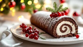 A chocolate and vanilla cake with berries on top. The cake is rolled up and sitting on a white plate photo