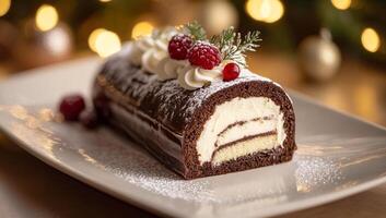 A white plate with a chocolate and vanilla cake with raspberries on top. The cake is decorated with powdered sugar and has a festive appearance photo