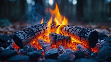 A fire is burning in a pile of wood. The fire is orange and yellow, and the wood is black. The fire is surrounded by rocks, and the smoke is rising into the air. The scene is peaceful and calming photo