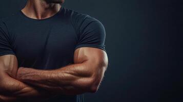 A man with a muscular arm is wearing a black shirt. The shirt is wet, and the man is standing with his arms crossed photo