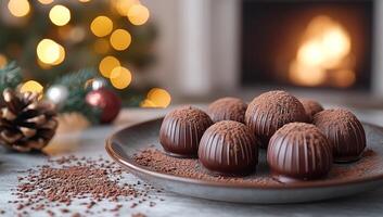 A plate of chocolate covered candies sits on a table next to a Christmas tree. The candies are arranged in a neat row, and there is a pile of chocolate powder on the table photo
