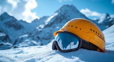 A yellow helmet with goggles on top of a snowy mountain. The helmet is placed on the snow, and the goggles are reflecting the sunlight. Concept of adventure and excitement photo