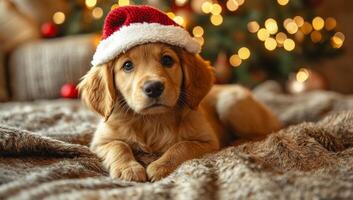 A small dog wearing a red hat is laying on a bed. The dog is looking at the camera with a curious expression. The scene is cozy and warm, with the dog and the bed creating a sense of comfort photo