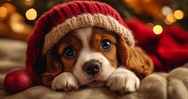 A small brown and white dog is wearing a red hat and laying on a bed. The dog appears to be looking at the camera with a sad expression photo