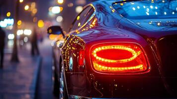 A black car with a red tail light is parked on a street at night. The car is surrounded by lights from the street, creating a warm and inviting atmosphere photo