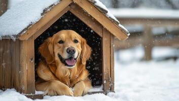 A dog is laying in a wooden dog house in the snow. The dog is smiling and he is enjoying the cold weather photo