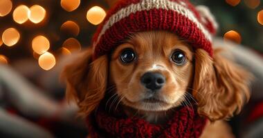 A small dog wearing a red hat and a red scarf. The dog has a cute and playful expression on its face photo