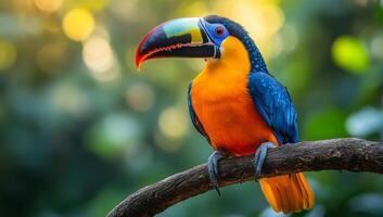 A colorful bird with a long beak is perched on a branch. The bird is orange and blue, with a red beak. The scene is bright and lively, with the bird standing out against the green leaves and branches photo