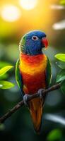 A colorful parrot is perched on a branch in a lush green forest. The bird's vibrant colors and lively expression convey a sense of joy and freedom. The scene captures the beauty photo
