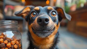 A dog is smiling and looking at the camera while eating food from a jar. The dog appears to be happy and content photo